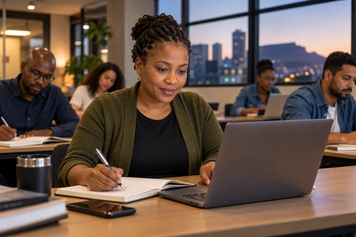 A professional planning her next career step at an office desk