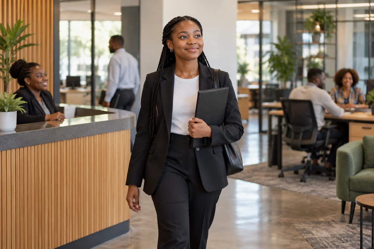 A young professional walking into her first office job