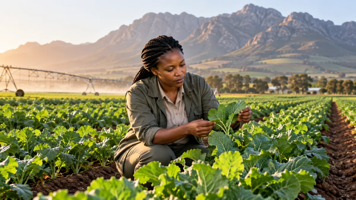 Farm workers checking crops in the field.
