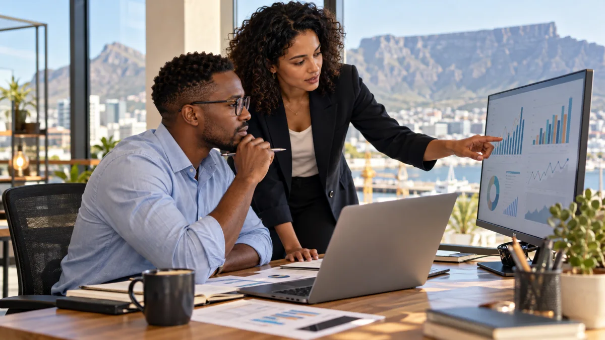 Finance colleagues reviewing figures at a desk.