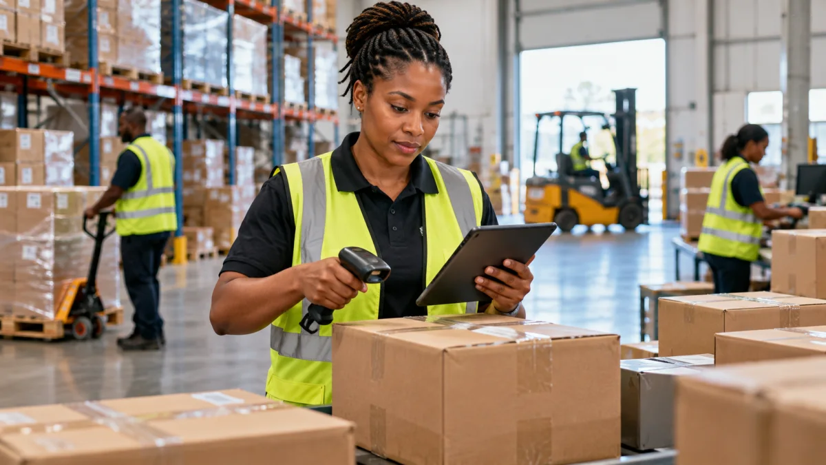 A logistics worker with a tablet beside stacked goods.